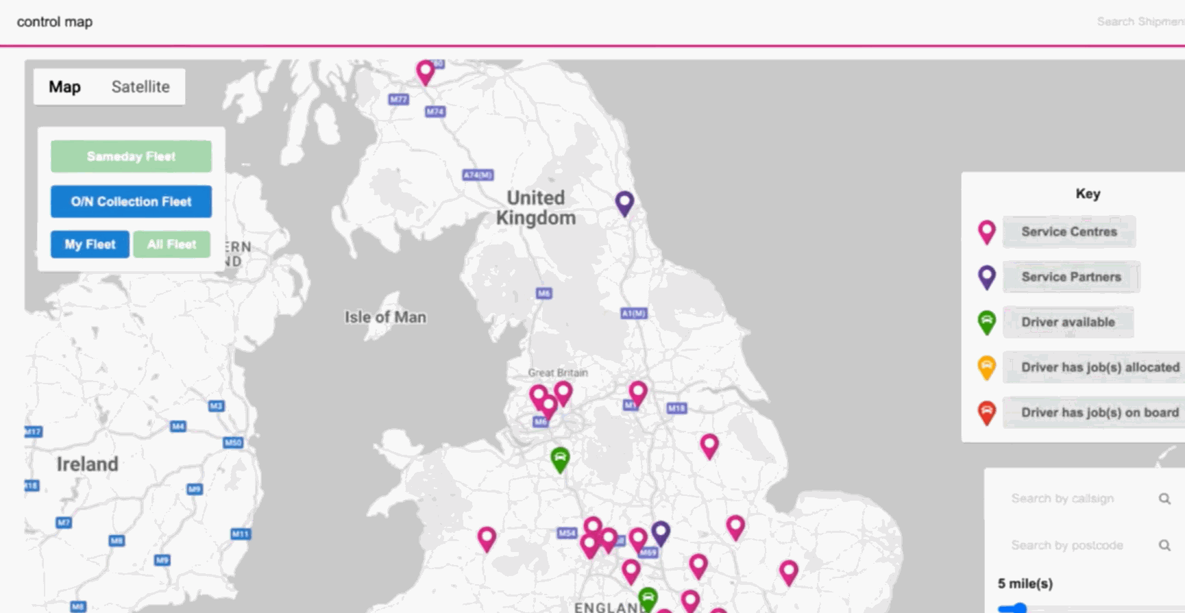DespatchLab live control map showing service centres and drivers across the UK network