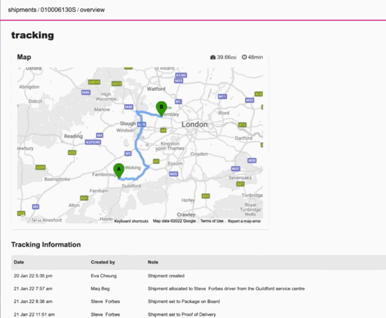 DespatchLab live tracking showing a shipment's route and proof-of-delivery timeline