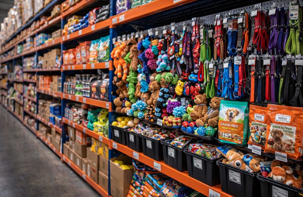 Pet fulfilment warehouse with colourful stock
